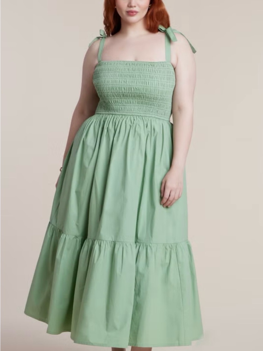 Eloquii Smocked Tie-Shoulder Midi Dress in Sage